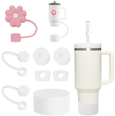 Juego de 9 accesorios para Stanley Cup con 1 funda de silicona blanca, 2 cubiertas para pajita de 9-10 mm, 6 tapones de silicona a prueba de fugas para Stanley Quencher 2.0 30oz y 40oz (tazas no