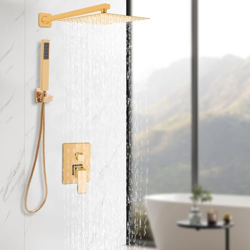 Ensemble de douche, mitigeur de douche encastré doré, système de douche avec 2 types de jets, douchette à main, pommeau de douche
