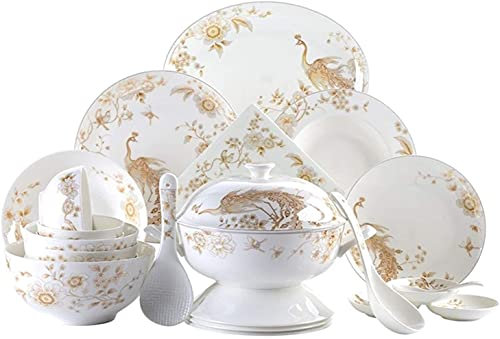 BGFYUSF Ensembles de Vaisselle – Service de Vaisselle de Luxe, 50 pièces en Porcelaine Blanche et dorée, Dessus de Table, Vaisselle Ronde en Porcelaine Blanche, Service,