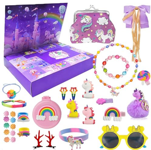 Ligtmor Einhorn Adventskalender 2024 Kinder Mädchen, Weihnachtskalender 2024 Mädchen, Countdown zum 24. Tag des Adventskalender Mädchen Geschenk beinhaltet Einhorn Schmuck Armband Charms Haarschmuck