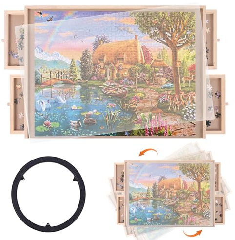 Ruication 1000 Piece Rotating Puzzle Board with 4 Drawers and Cover 360 Degree Rotating Wooden Jigsaw Puzzle Table For Adults Kids Children Boy Girl Gift