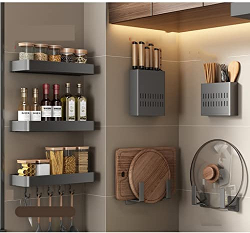 ASumPio Multifunctional Wall-Mounted Utensil Rack Kitchen Utensil Holder No Punching Decorative Storage Spice Rack with Hooks Knife Stand,7piece set