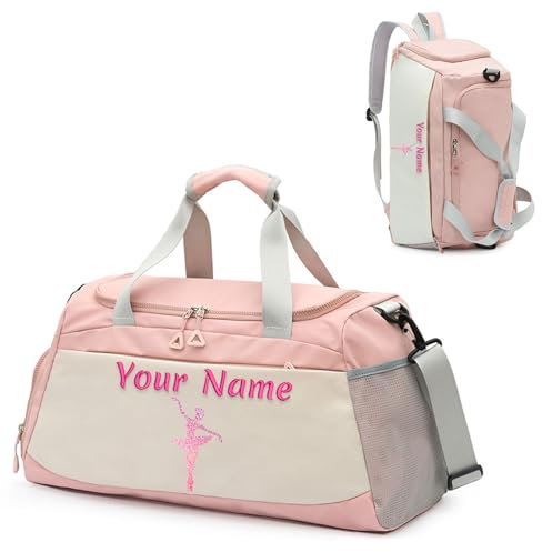 Personalisierte Tanz - Yoga -Tasche für Frauen und Mädchen, Individuelle Reisetasche mit Namen - Mit Schuhfach Nass und Trockenfach - Tragetasche/Rucksack mit Doppeltem Verwendungszweck - Rosa