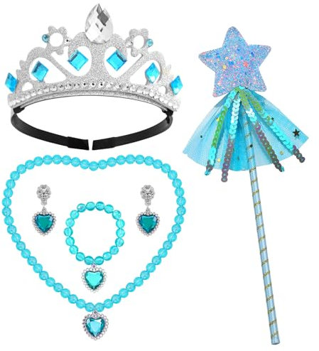 Prinzessin Dress Up Set, Kinder Krone Wand Halsketten Armband und Ohrring für Cosplay und Festival Party Blaue Mädchen Schmuck Geschenk für 3-8 Jahre alt