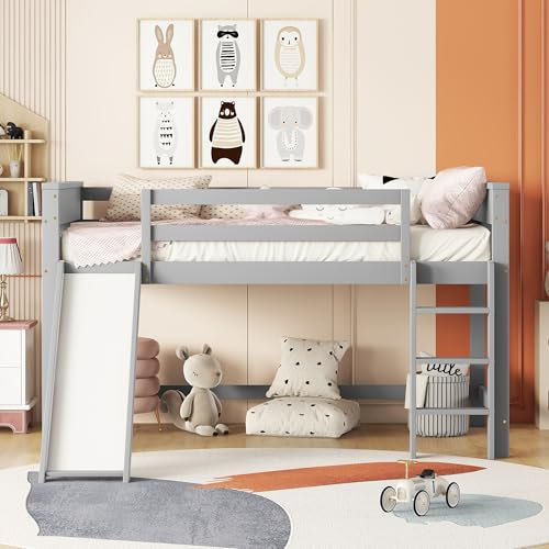 Plcnn Lit Mezzanine 90 x 200 cm, Lit Superposé Enfant avec Toboggan Amovible, Échelle et Clôtur, Multifonctionnel Lit pour Enfant, Bois Massif (Gris)