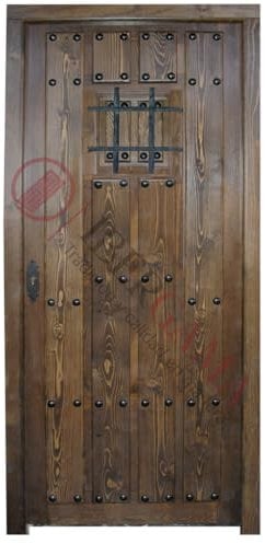 Puertas IBERGAMA - Puerta Exterior de Madera, Modelo de Tablas con Clavos de Forja, Ventanillo interior con Reja de Forja estilo Rústico. (Apertura Izquierda)