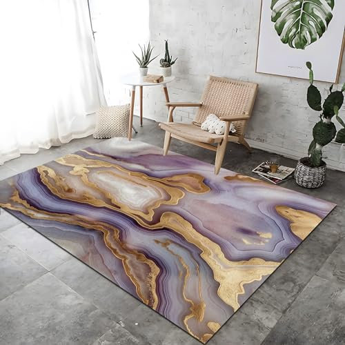 Kurzflor Teppich Mit 3D Drucken Gold Textur Achat Muster Mauve Waschbar Teppich für Wohnzimmer Schlafzimmer 60 x 120 cm Rutschfester Dekoteppich aus Mikrofaser