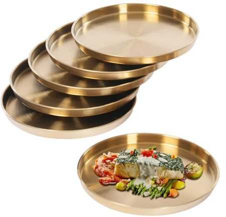 HPDTZ 6 Stück Serviertablett Edelstahl Rundtablett Gold 31 cm Dekotablett für Schmuck und Teeservice Stapelbar Vielseitig Verwendbar für Wohnzimmer Küche und Feierlichkeiten
