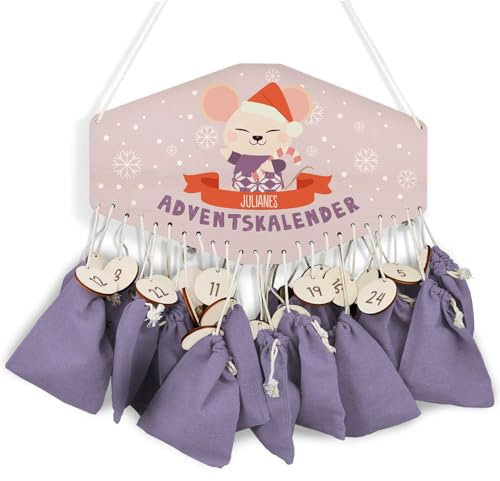 GRAVURZEILE Adventskalender aus Holz - Wintertiere - Personalisiert mit Namen - DIY Adventskalender für Kinder - Optional mit Leinensäckchen - Weihnachtsdeko für Kinderzimmer - Farbe: Maus