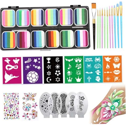 Kit de peinture faciale, 12 palette de gâteau divisée Kit de maquillage de peinture pour le visage avec autocollants de brosse à pochoir, arc-en-ciel non toxique peinture de peinture pour le cor