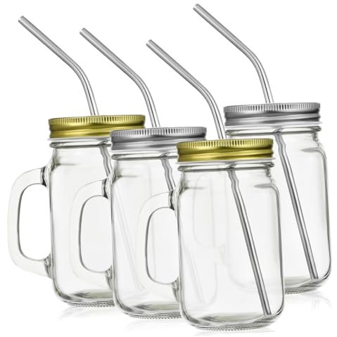 Cabilock Juego De Tazas De Vidrio Con Tapas Pajitas Frascos De Vidrio Y Vasos Fáciles De Transportar Para Bebidas Frías Calientes Jugos Y Agua.