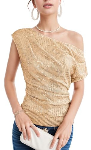 ASFWAGQ Top da donna con glitter per feste e carnevale, maglietta con glitter oro champagne, senza maniche, regolare, glamour, S, M, XL