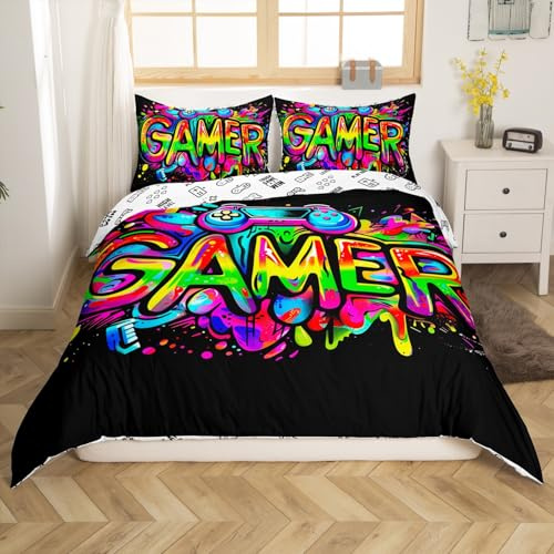 Loussiesd Kinder Gamer Bettwäsche Set 135x200cm, Graffti Gaming Bettwäsche Jungen Mädchen Hippie Bettbezug Set Colorful Bettwäsche-Set mit 1 Kissenbezug KinderWeich Weich Bettbezug Weich