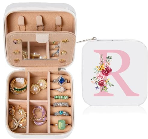 Scatola Portagioie con Lettera Iniziale R - Mini Porta Gioielli in Pelle PU con Specchio per Viaggio, Organizer Regalo di Compleanno per Donne Ragazze