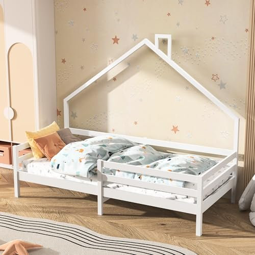 Tanant Kinderbett Bodenbett 90x200 cm mit Rausfallschutz Lattenrost, Hausbett für Kinder, Kinderzimmer Einzelbett Kinder Bett aus Massivholz Kiefer