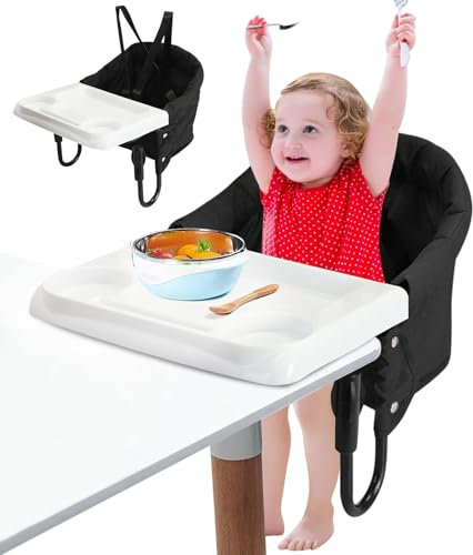 Tischsitz Baby mit Abnehmbares Tablett, Faltbarer Reisehochstuhl zum Klammern, Sitzerhöhung Kind mit 5-Punkt-Sicherheitsgurt, Essen & Fütterung Tischsitz für Kleinkinder, Ideal für Unterwegs (Schwarz)