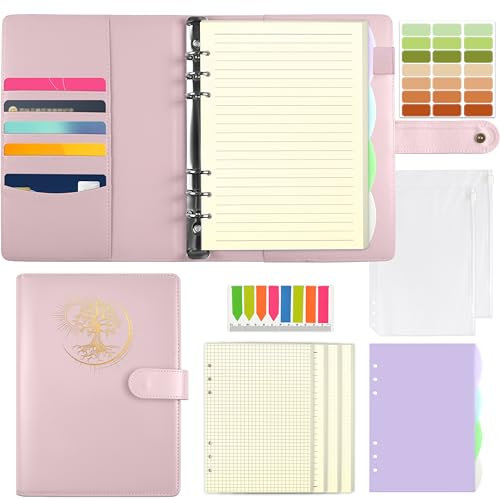 Qefuna A5 Nachfüllbares Ringbuch, PU Einband mit Folienprägung Sonne Lebensbaum-Muster, mit 180 Blatt Nachfüllpapier, Notizbuch mit Taschen und Trennblätter,Rosa