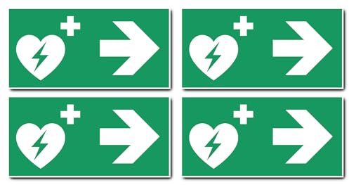Aufkleber: 100x200 mm, 4 Stück - Automatisierter Externer Defibrillator (AED) - Kombination mit Pfeil rechts - Rettungszeichen - E010 - grün/weiß - DIN EN ISO 7010 / ASR A1.3