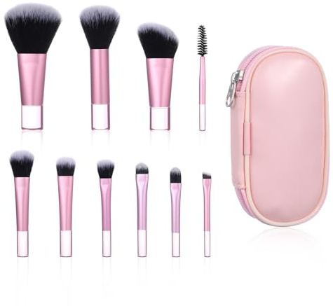 10 Stück Mini Reise Makeup Pinselset mit Etui Pink Tragbar Kosmetikpinsel | Reise Makeup Professionelle Kosmetikpinsel für Unterwegs für Frauen Mädchen Inklusive Pinsel für Rouge Puder Und Lidschatten