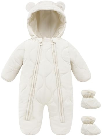 Adigau BéBé Nouveau-né Combinaison de Neige Barboteuse d'hiver Chaud Grenouillère Coupe-Vent à Capuche Combinaisons Une Pièce Épais Blanc 9-12 Mois