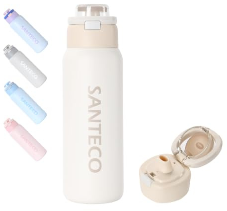 SANTECO Trinkflasche 750ml Edelstahl Thermosflasche Strohhalm Auslaufsicher | Isolierte Trinkflasche Edelstahl, 2-in-1 Trinkdesign mit Strohhalm, auslaufsicher, BPA-frei, 24h kalt/12h heiß