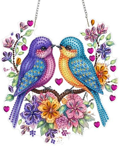 QENSPE Birds Diamond Art Kit, DIY Flower Diamond Painting for Adults, Diamonds Pendant Special Shaped Rhinestone Window Hanging Ornaments Home Garden Wall Door Decoration, 20cm Width