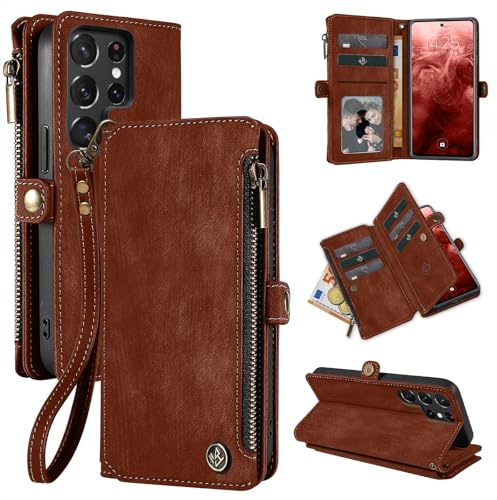 LBH Handy Hülle für Samsung Galaxy S23 Ultra Klapphülle RFID Schutz Wallet Geldbeutel Geldbörse Cover Case Flipcase Kartenfächer Geldfach Münzfach Dunkelbraun