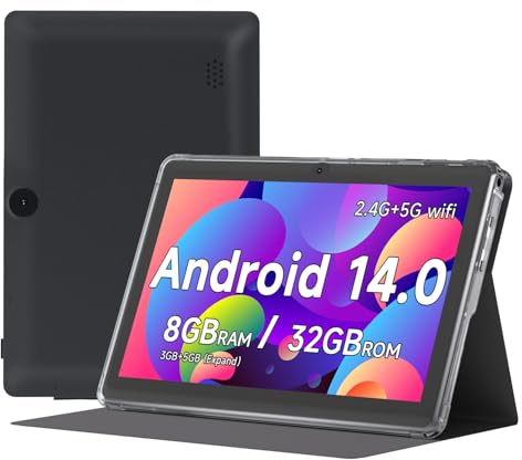 Vyrolinia Tablet con funda protectora, 7 pulgadas Android 15.0 Tab PC RAM 8GB (3+5Expand) ROM 32GB, IPS 1024 x 600 BT 5.0 WiFi6 2.4G+5G 2MP + 5MP cámaras duales, YouTube, Netfilx (negro)
