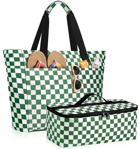 ISEYOU Strandtasche XXL Familie mit Kühltasche, Groß Strandtasche mit Reißverschluss Wasserdicht Sanddicht, Handtasche Damen 49L, Faltbar Badetasche für Reisen Fitnessstudio Picknick