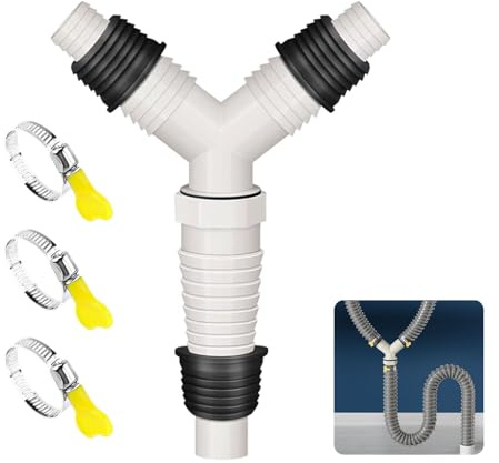 QruiLanTu Drain Hose Fitting Tee Washing Machine Drain Hose Tee Extension Fitting with 3 Clamps fit 1-1 1/4 Washing Machine Air Conditioner and Dishwasher Water Hoses