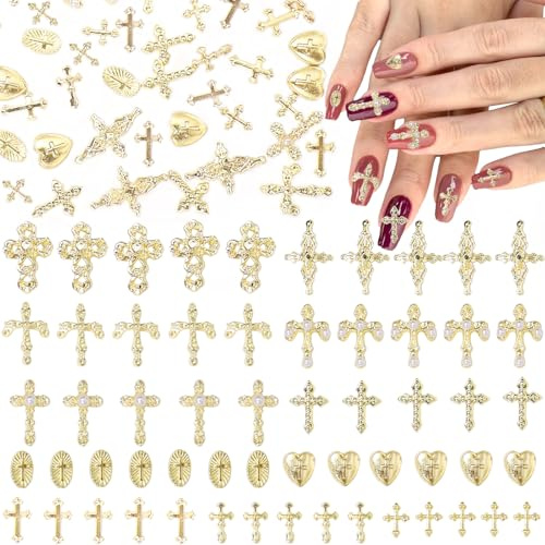 Nymora 110 Pcs Gold Cross Nail Charms, Golden Crosses Nail Gems Charms, 11 Styles Y2K Shiny Gold Cross Alloy Nail Jewelry Charms for Nail Supplies DIY Accessories