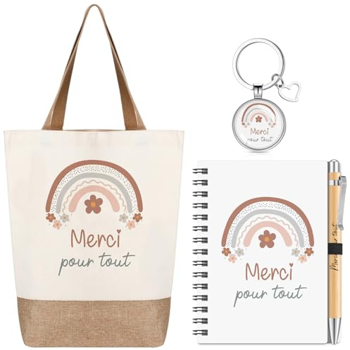 Sinmoe Dankeschön-Geschenk zur Lehrerausbildung Merci pour Tout 1 Tragetasche 1 Spiralblock 1 Kugelschreiber 1 Schlüsselanhänger Abschiedsgeschenk zur Lehrerausbildung für Lehrer Professoren Dozenten