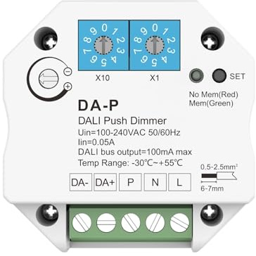 DALI Master Kompakt-Dimmer DA-P, integriertes Busnetzteil 16 VDC 100 mA, Eingang 220 V, Steuergerät für Treiber und DALI2 Vorschaltgerät, Steuerung mit Speichertaste, unidirektional und Broadcast
