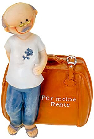 Kremers Schatzkiste Spardose Rentner mit Koffer - 15cm für die Rente oder Reise Sparbüchse Polyresin handbemalt Geschenkidee Sparschwein Renteneintritt