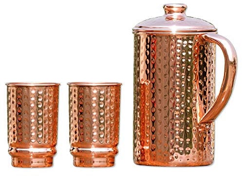 Pure Copper Ayurveda Pitcher and Tumbler Set - Hammered Design Jug with 2 Tumbers