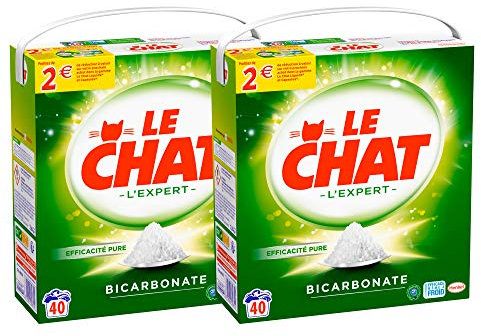 Le Chat - L'Expert - Lessive en Poudre au Bicarbonate - Efficacité Pure - Enrichi en ingrédients actifs d'origine naturelle - Boite en papier carton recyclable - 80 Lavages (Lot de 2 x 40 mesures)