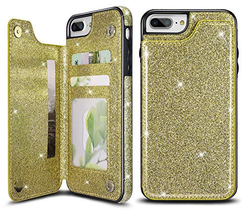 UEEBAI Case for iPhone 6S Plus, Premium Glitter PU Leather Case Back Wallet Cover [Two Magnetic Clasp] [Card Slots] Stand Function Durable Shockproof Soft TPU Case for iPhone 6 Plus - Gold