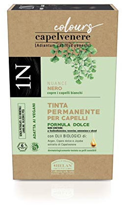 Helan, Capelvenere Colours, Tinte Pelo Mujer, Tinte Natural para Cabello Permanente, Nuance N1 Negro - Kit Fácil Aplicación sin Olor, Excelente Cobertura, sin Amoníaco ni Alcohol, 125 ml Made in Italy