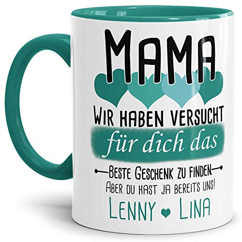Tassendruck Geschenk Tasse mit Spruch PERSONALISIERT - Bestes Geschenk für Mama von Kindern - Kaffee-Tasse/Geschenkidee Geburtstag Muttertag/Muttertagsgeschenk - Innen & Henkel Türkis