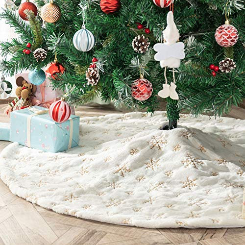 Deggodech 78cm Bianco Gonna Albero di Natale con Oro Paillettes Fiocchi di Neve Finta Pelliccia Gonne per Alberi di Natale Copertura della Base Albero Natale Festa Decorazioni (Oro, 31pollici)