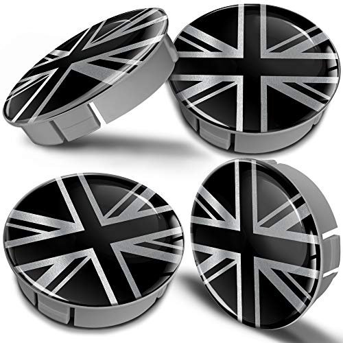 Biomar Labs® 4 x 60mm Kunststoff Nabenkappen Kappen UK Union Jack GB United Kingdom Flagge Fahne Silber Schwarz Felgendeckel Radkappen Radnabendeckel Nabendeckel Auto Tuning CS 17