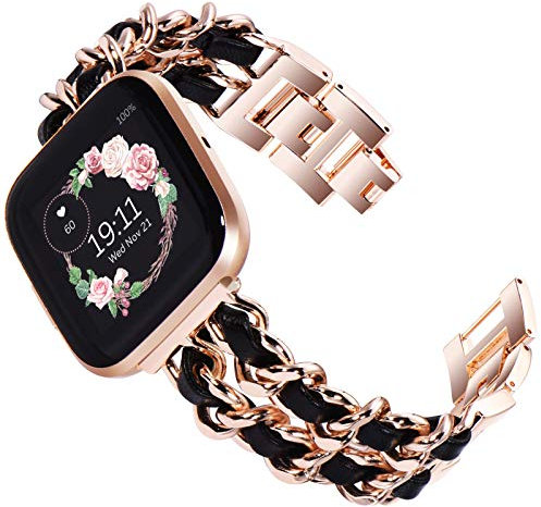 KADES kompatibel mit Fitbit versa 2 Armband, Damen Edelstahl Ersatzarmband kompatibel mit Fitbit Versa armband, Versa Lite Edition Armband (Roségold mit schwarzem Leder)