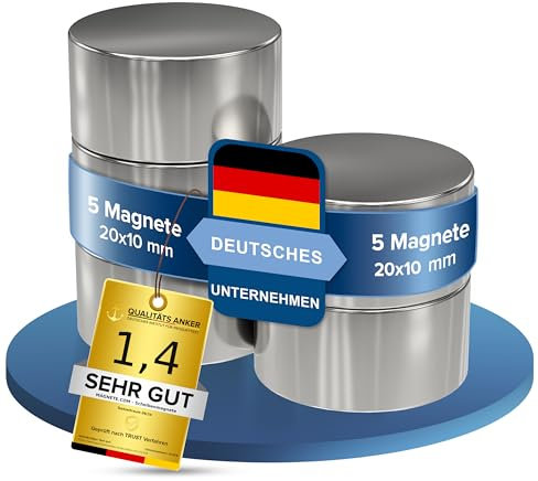 5 Stück Neodym Power Magnet silber - Scheibenmagnet extra stark rund - Durchmesser 20x10mm hoch - starke Supermagnete - Haftkraft ca. 13kg - für Magnettafel, Werkstatt