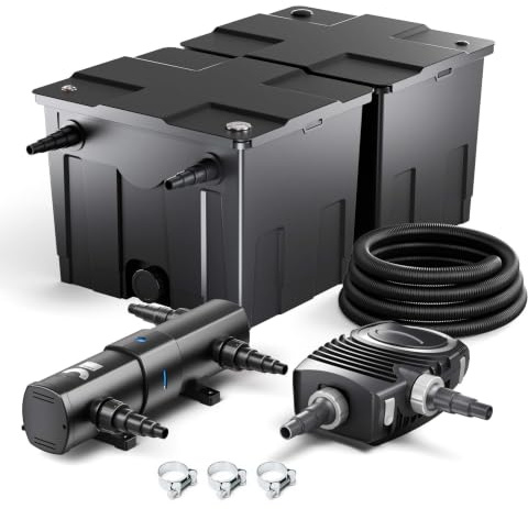 SunSun Komplettset: CBF-350B Teichfilter bis 60000 L Teichfilteranlage Durchlauffilter, NEO10000 Teichpumpe 10000l/h 80W, CUV-236 Teichklärer 36W, 10m Teichschlauch 38 mm, Schlauchschellen W1 44-47mm