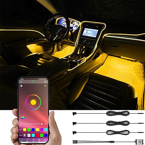 TABEN Auto-Umgebungsbeleuchtungs-Kit, 3 in 1 mit 4m Fiber Optic Multicoloured Car Atmosphere Lighting Kit, Musik-Rhythmus-Sound-Aktiver Speicherfunktion und Bluetooth-APP-Steuerung DC 12V