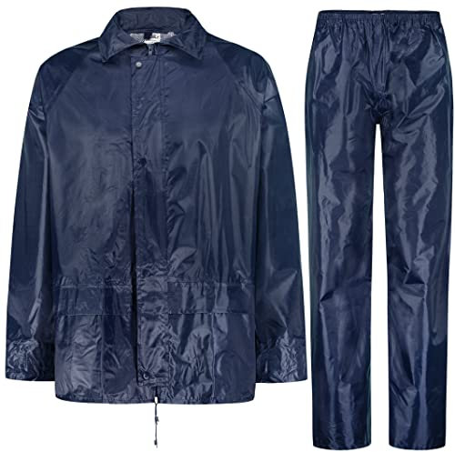 BWOLF HIMALAYA Herren Regenanzug Langarm wasserdicht mit Elastischer Taille Kapuzenjacke Anzug Regenbekleidung Regenjacke + Regenhose 2 Taschen (Blau, 2XL)