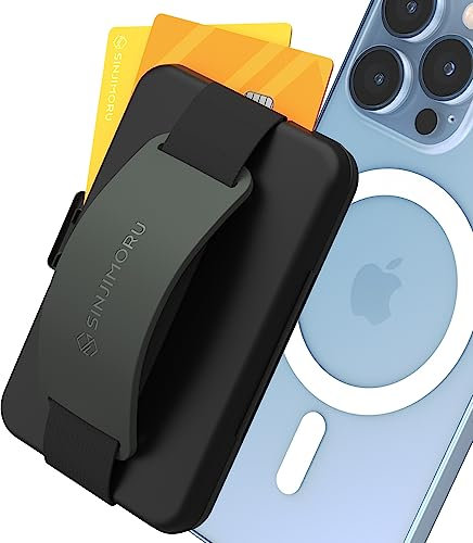 Sinjimoru Porte Carte Magnétique Compatible avec iPhone, Portefeuille de Téléphone Portable à Coller avec Béquille et Support de Téléphone pour Les séries iPhone 12/13. M-Card Zip Gris Olive