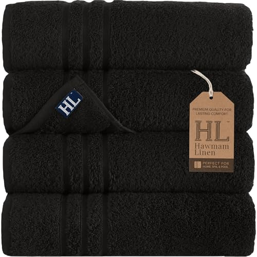 Hammam Linen Asciugamani da bagno neri, confezione da 4, 68 x 137 cm, morbidi e assorbenti, di alta qualità, perfetti per l'uso quotidiano, 100% cotone