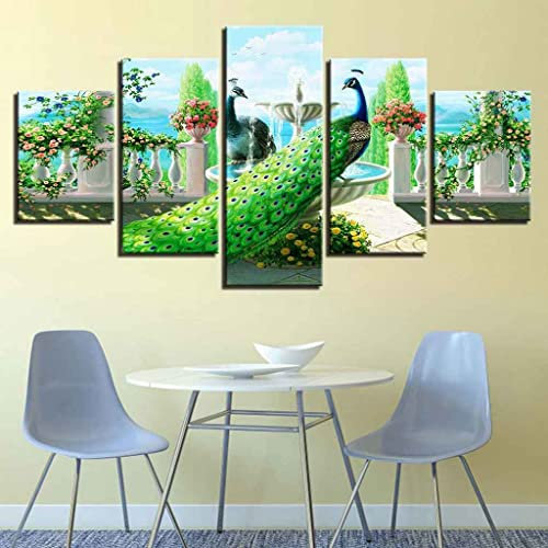 RMVNIE Modern Wandbild Aufhängen Wand Bild Wohnzimmer Wanddekoration 200X100Cm Tier grüner Pfau Vlies Leinwandbild 5 Tlg Kunstdruck Modern Wandbilder Wanddekoration Design