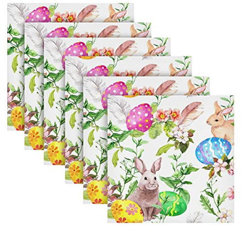 Mnsruu Osterservietten aus Stoff, 6 Stück, Osterhasen-Eier im Gras, Blumen, quadratisch, Premium-Polyester-Tischwäsche, Serviette für Dinnerpartys, 20x20inx6, (B01C19013)